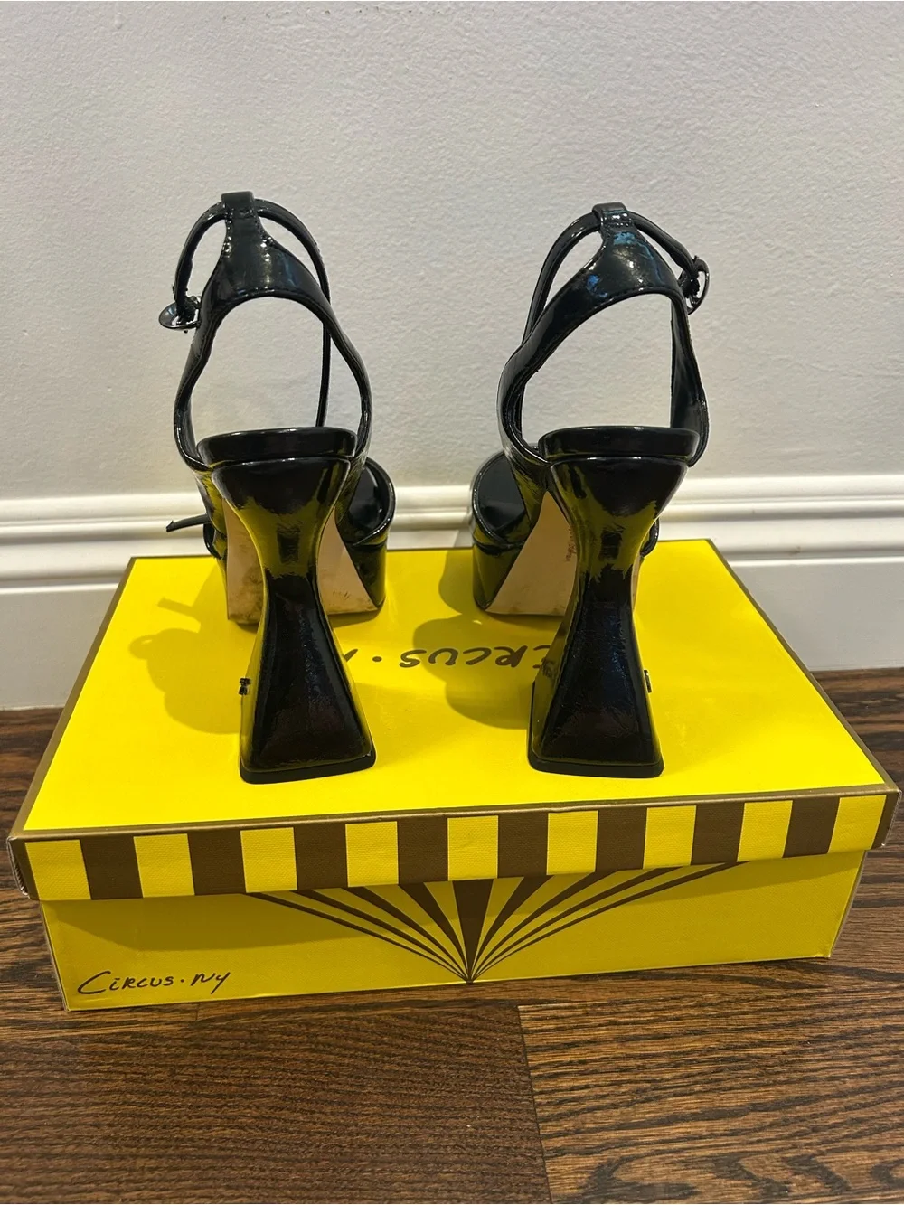 Sam Edelman Black Patent Platform Sandals with Sculpted Block Heels